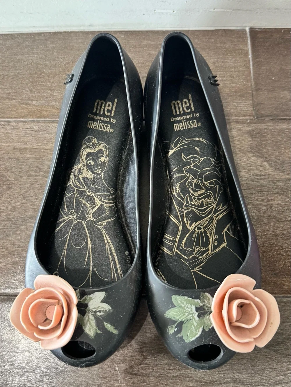 Melissa x Mel By Melissa Black Peep-Toe Flats with Pink Rose Accent Girls Sz 13